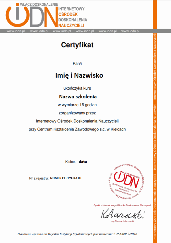 Wzór certyfikatu IODN