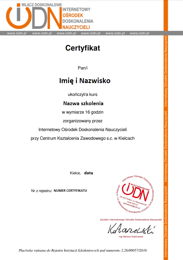 Wzór certyfikatu IODN