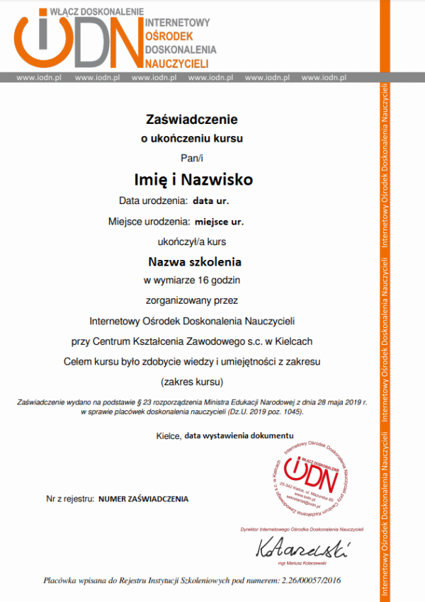 Wzór zaświadczenia IODN